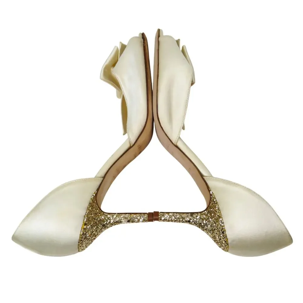 Kate Spade New York Sala D'Orsay Pump Heels Ivory Satin Bow Glitter Heel Size 7
